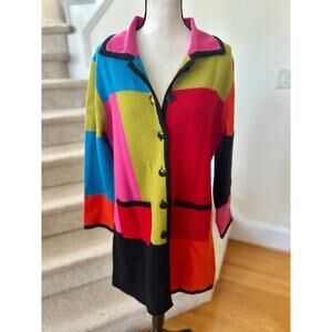 Mendocino Abstract Pink Red Green Blue Block Print Long Line Wool Cardigan